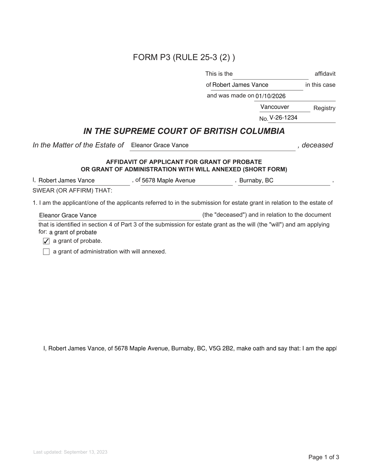 Completed example of BC Supreme Court Form P3, the Affidavit of Applicant for Grant of Probate (Short Form).