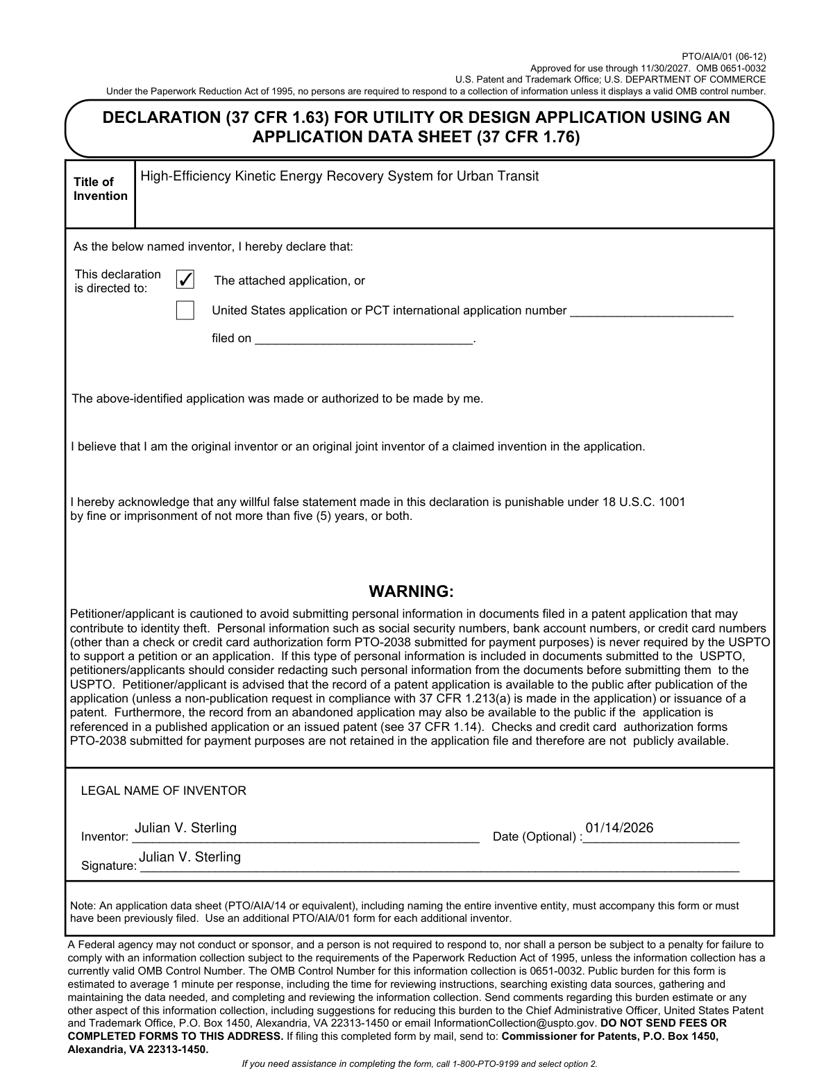 Completed USPTO Form PTO/AIA/01 for patent application declaration