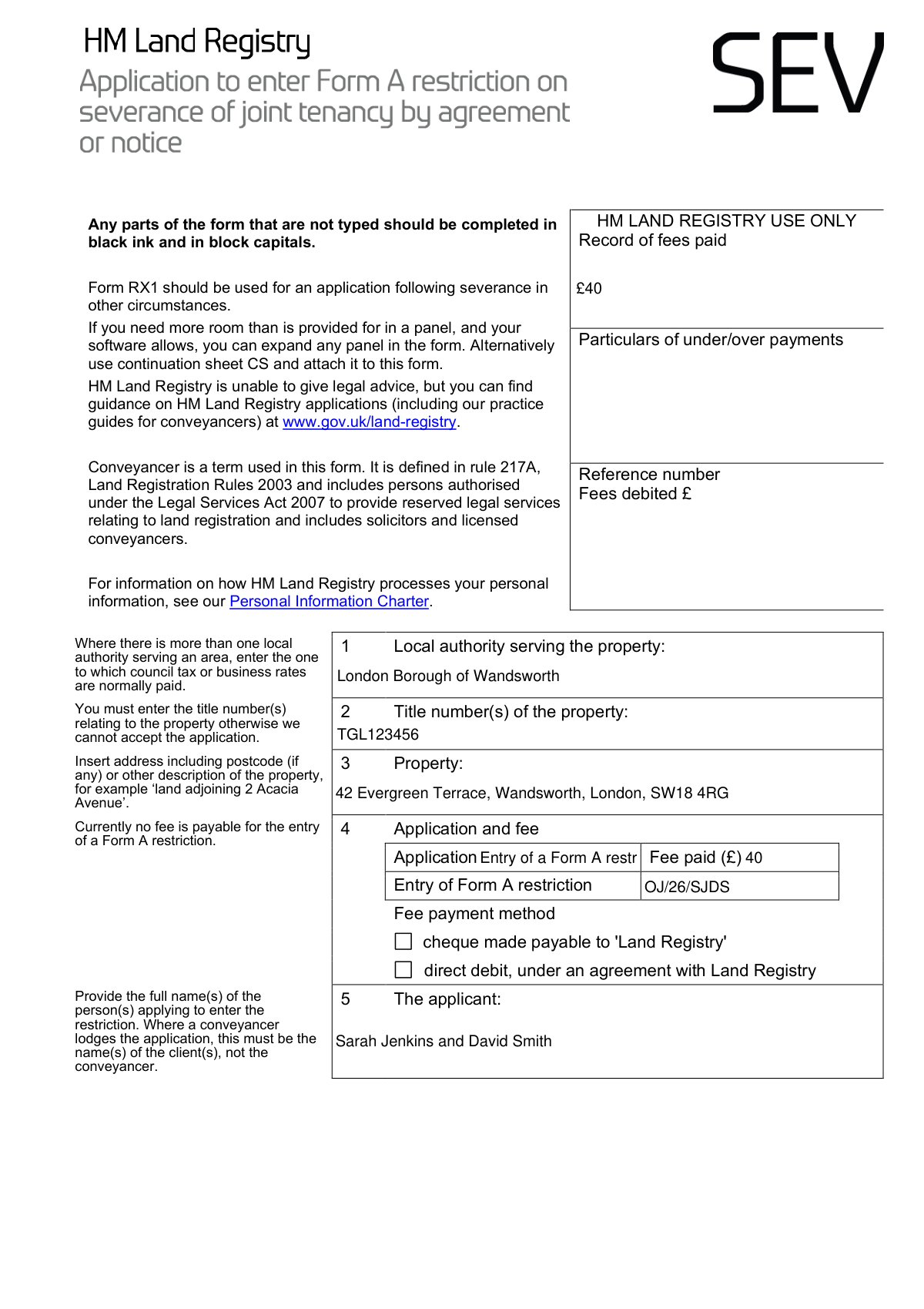 Completed Form RX1 example for joint property owners applying for a Form A restriction as tenants in common.
