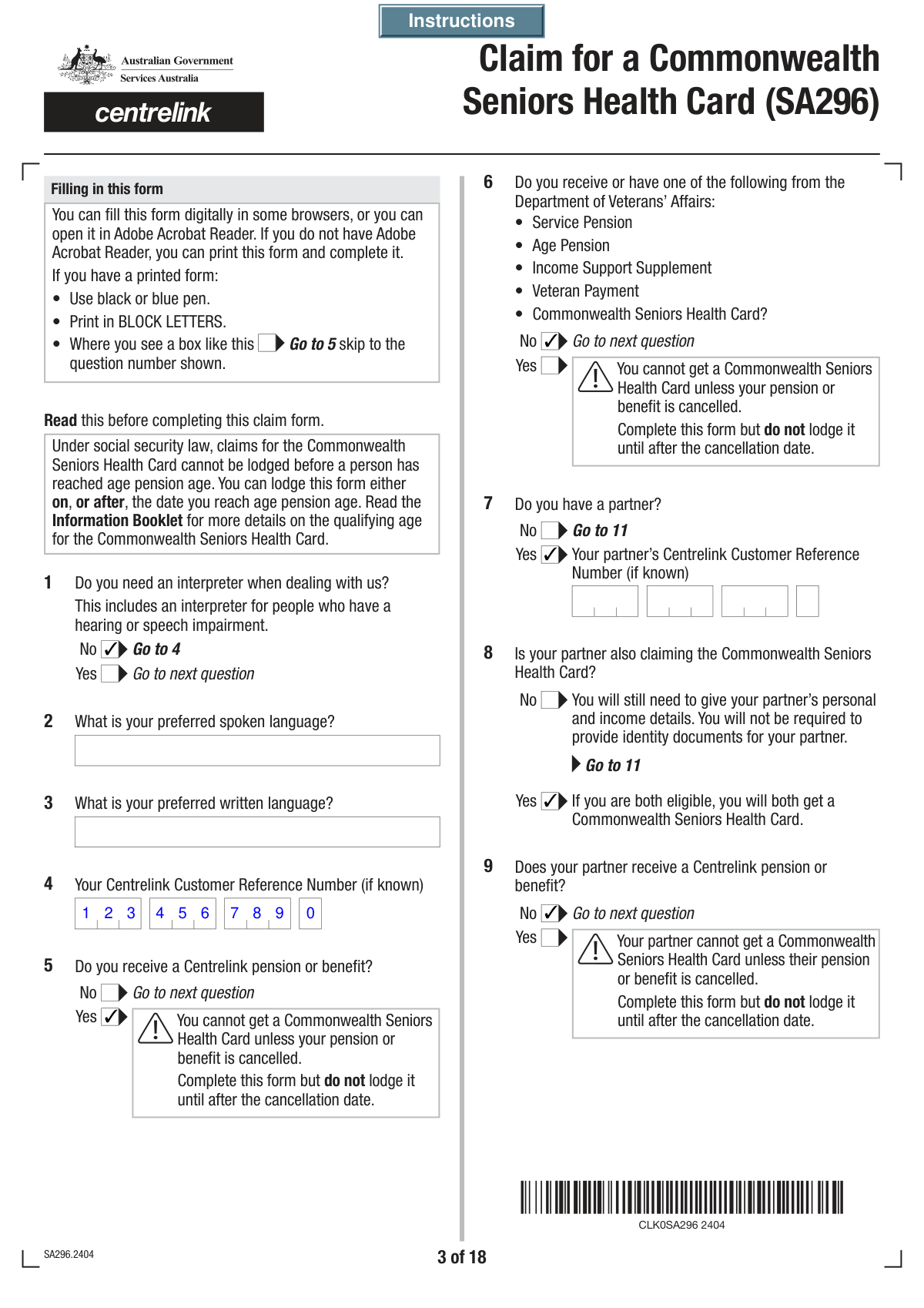 Completed Form SA296 for Commonwealth Seniors Health Card