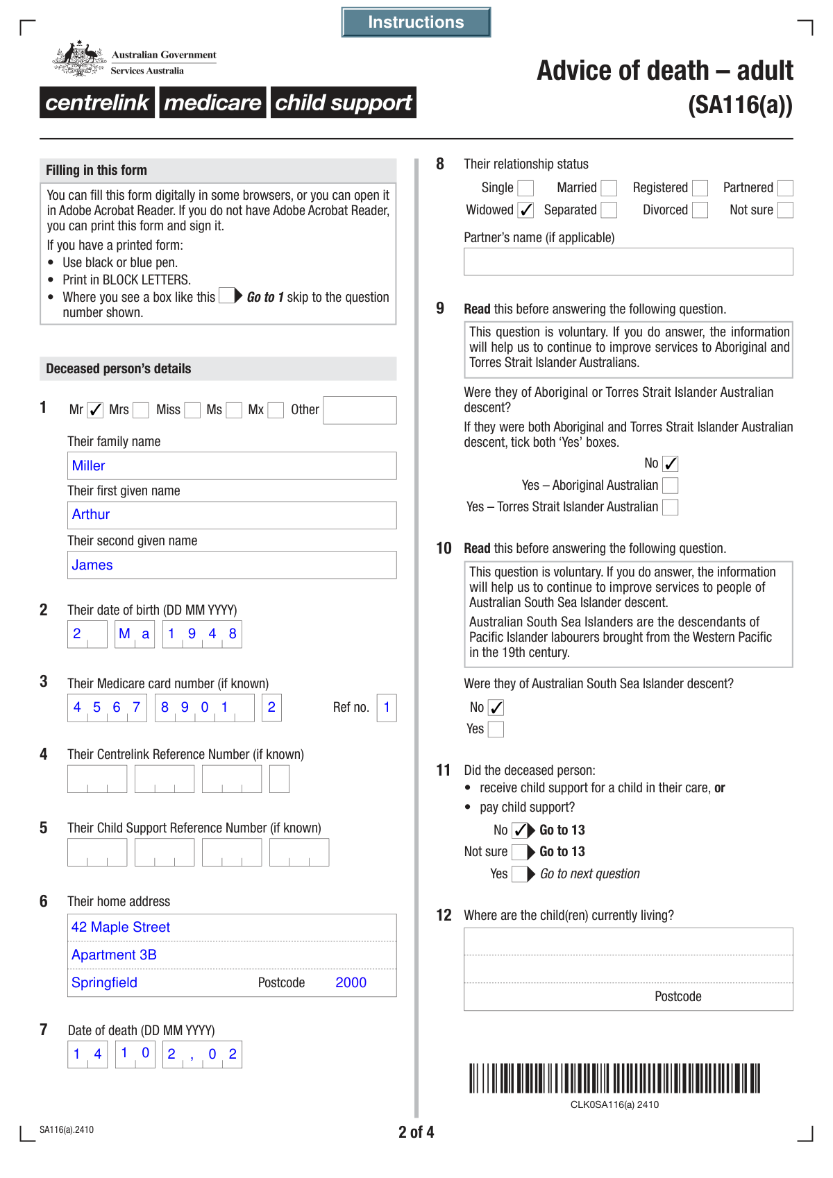 Completed Form SA472 for deceased individual notification
