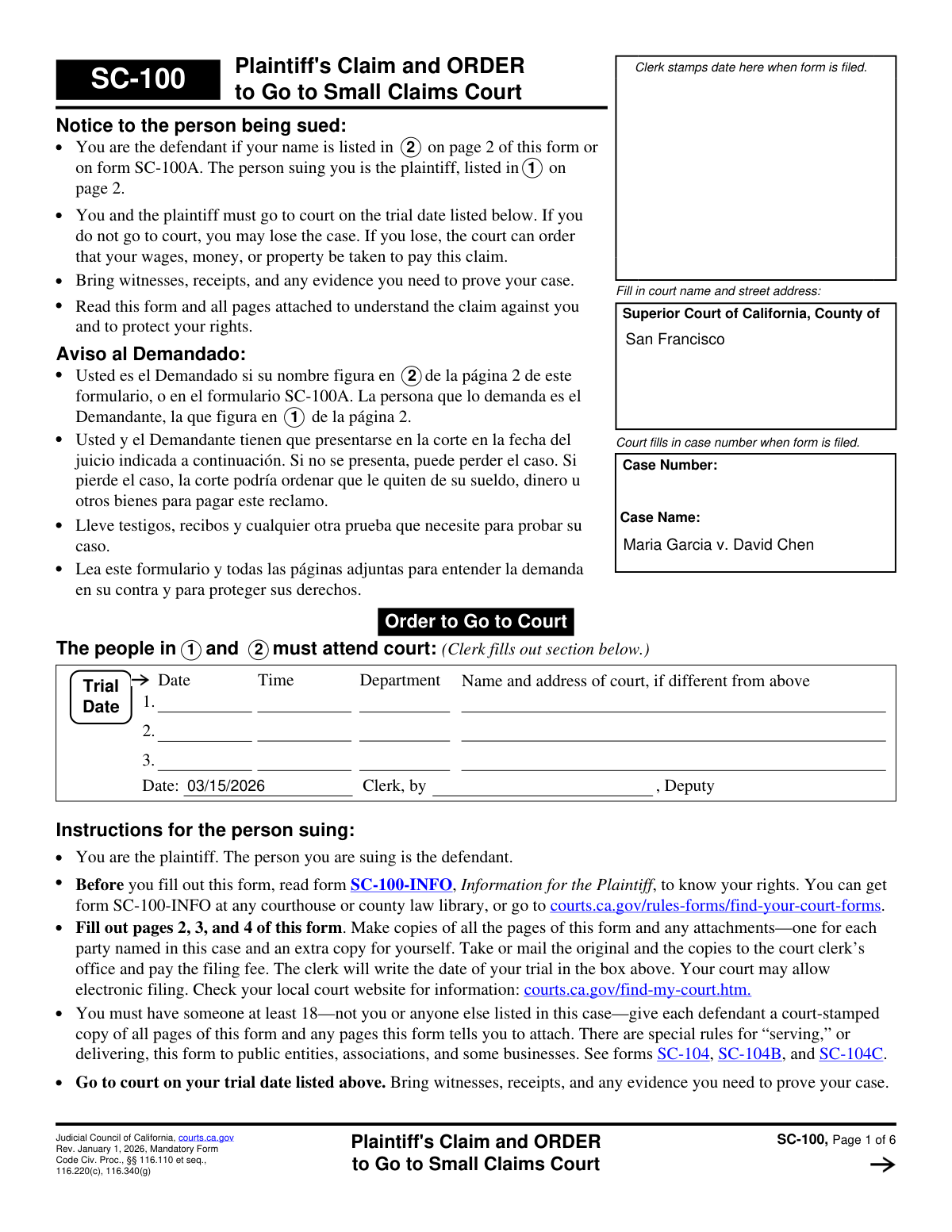 A sample of a completed California Form SC-100, Plaintiff's Claim, for a case involving a landlord suing a tenant for unpaid rent and damages.