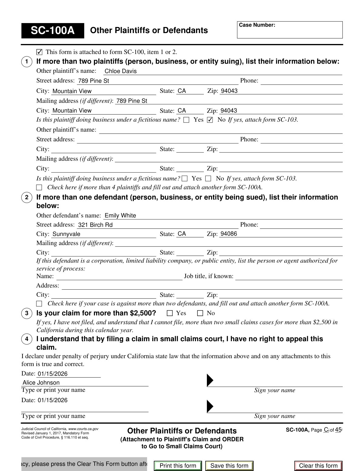 Completed California Form SC-100A for a small claims case with multiple plaintiffs and an additional defendant.
