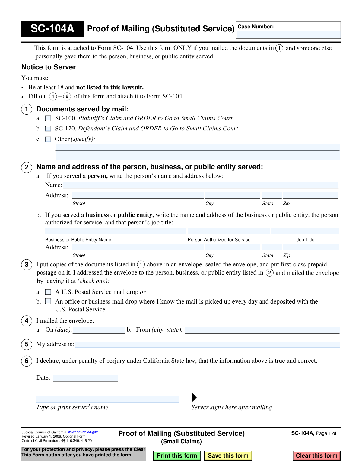 Preview of Form SC-104A, Proof of Mailing (Substituted Service) (Small Claims)