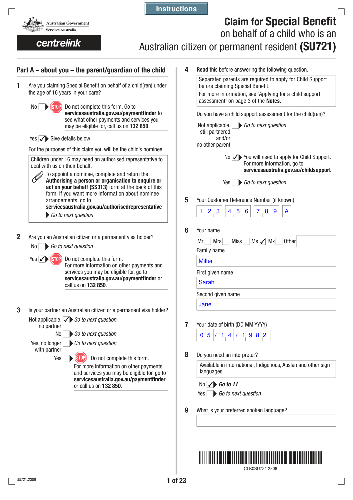 A screenshot of Form SS001 - Claim for Special Benefit populated with sample data from an intake interview.