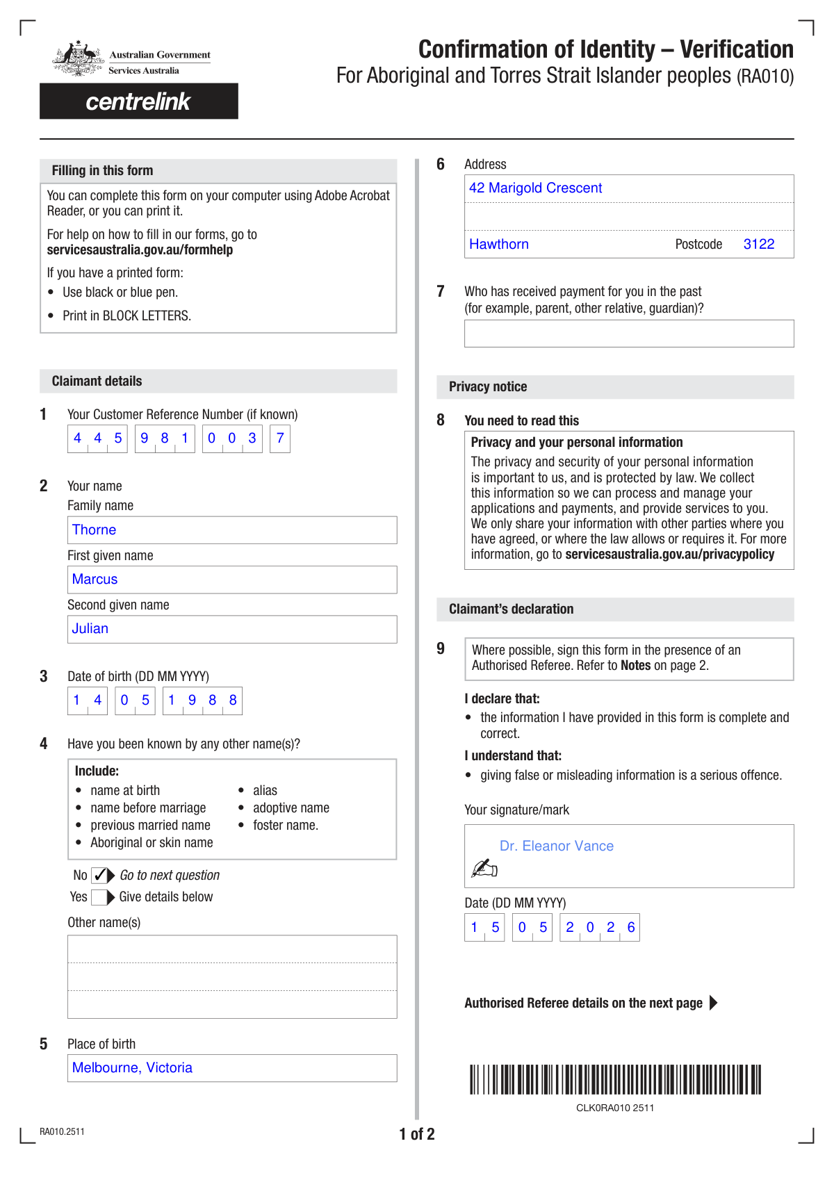 Completed Form SS241 - Referee's Report - Identification of a claimant with extracted data points.