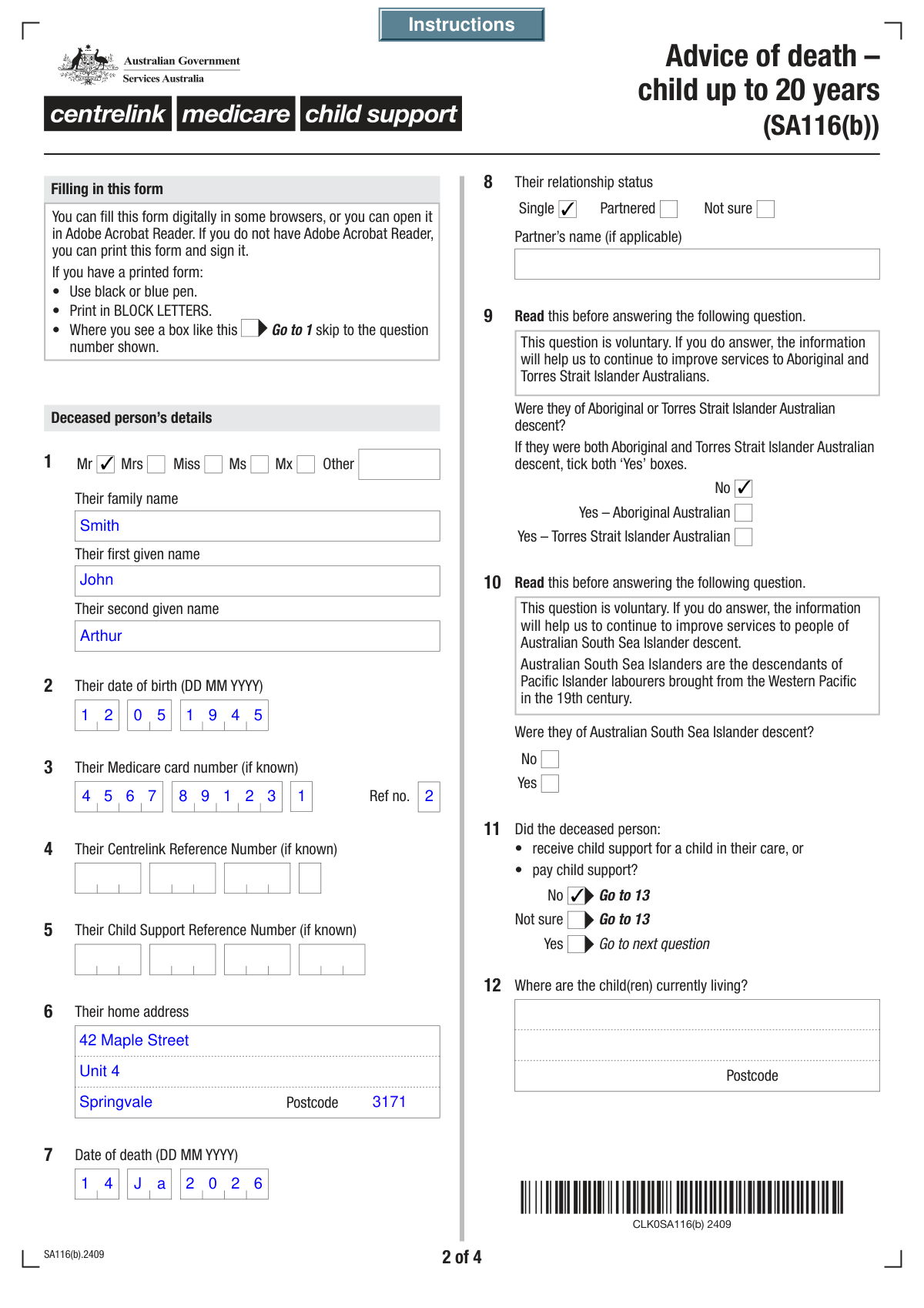 Completed Form SS293 Advice of Death for deceased individual John A. Smith