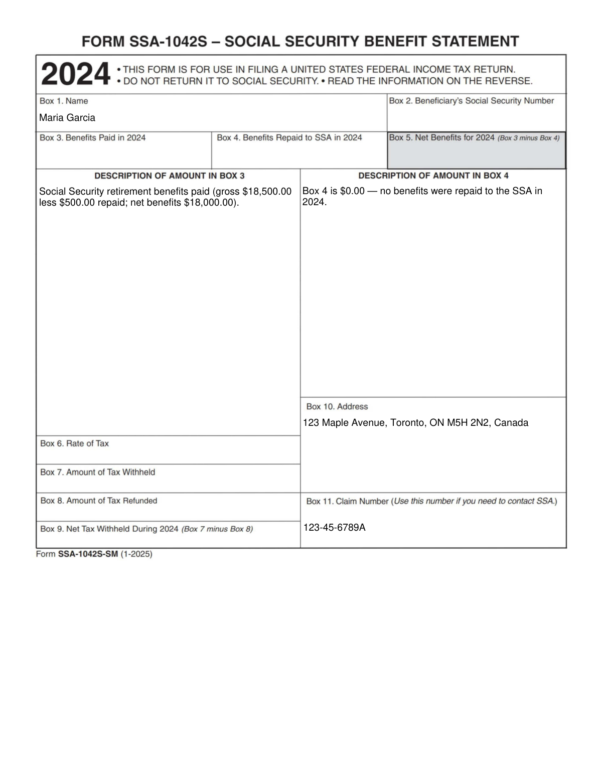 Completed Form SSA-1042S Social Security Benefit Statement for a non-resident alien in 2026.