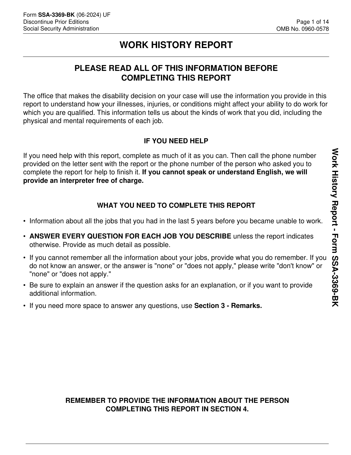 Completed first page of Form SSA-3369-BK, Work History Report, for a disability applicant with a history of clerical and retail work.