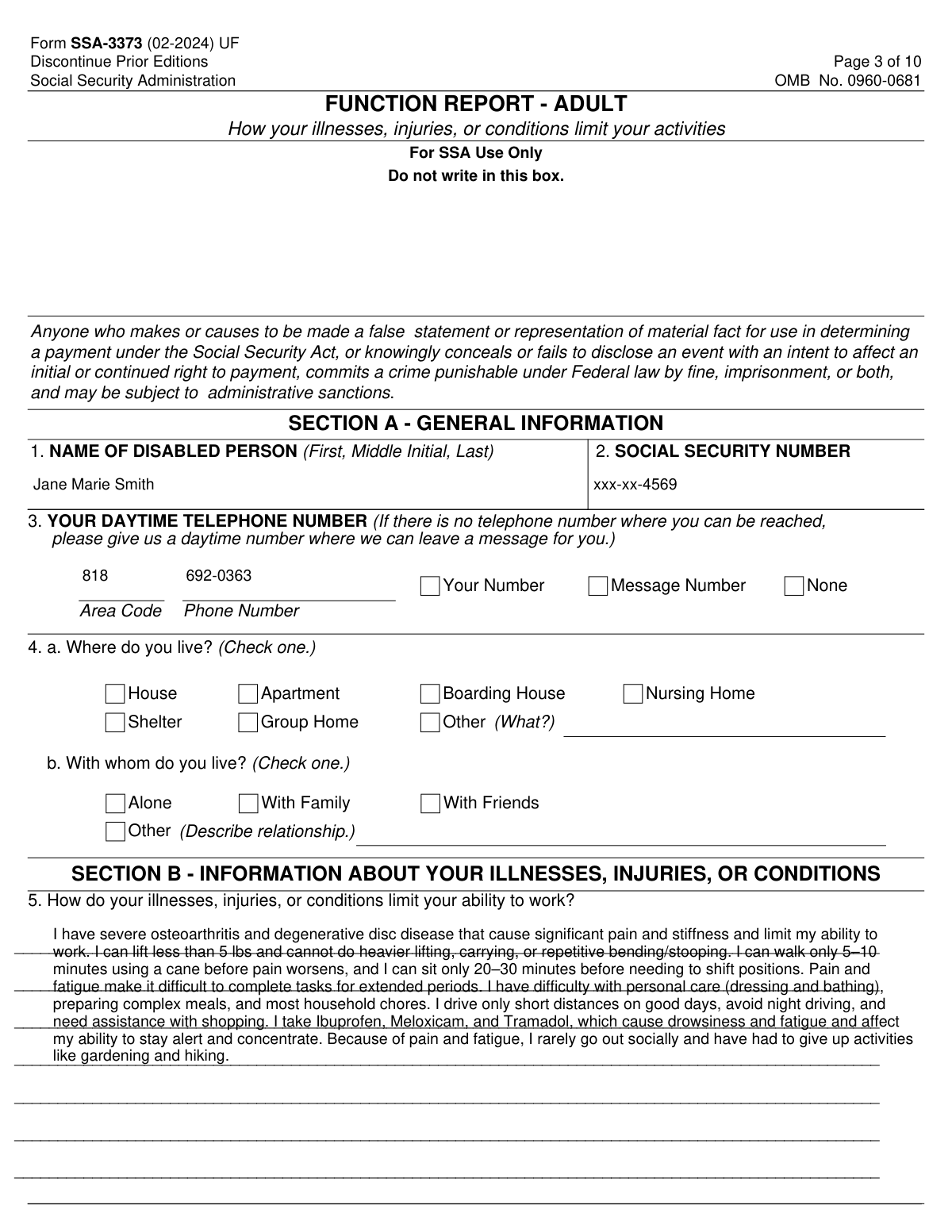 Completed sample of Form SSA-3373-BK, Function Report - Adult, for a disability claim related to arthritis and back pain.
