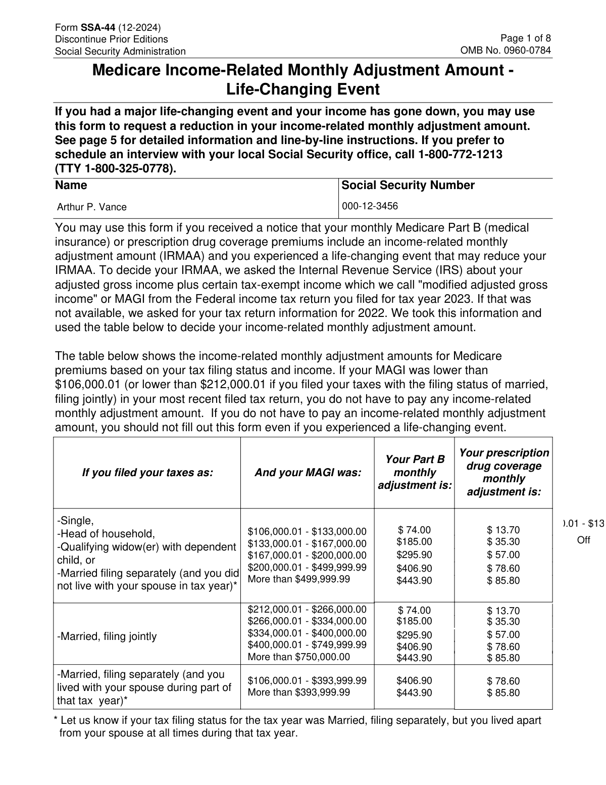 Completed Form SSA-44 showing Medicare IRMAA reduction data.