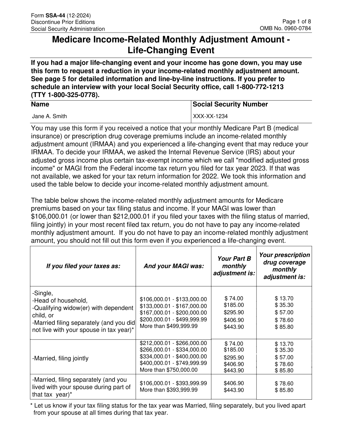A completed Form SSA-44 example for a retiree requesting a Medicare premium adjustment due to a work stoppage.