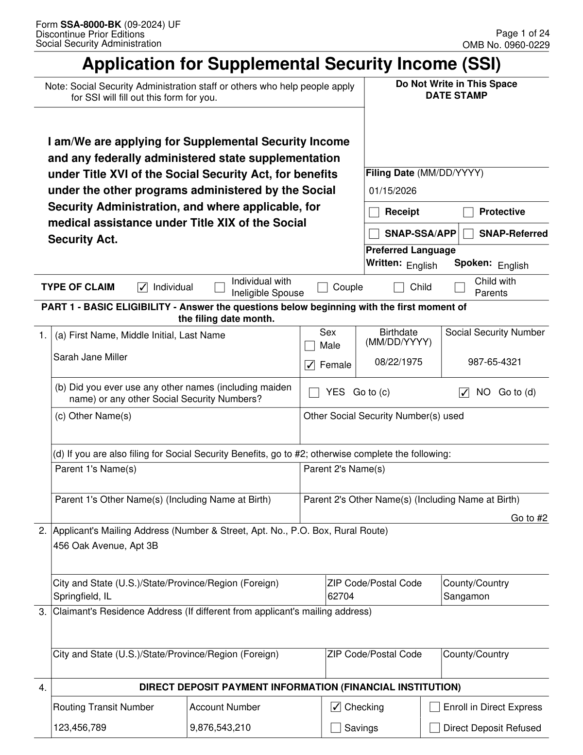 Completed Form SSA-8000-BK for Supplemental Security Income (SSI) application by a disabled individual