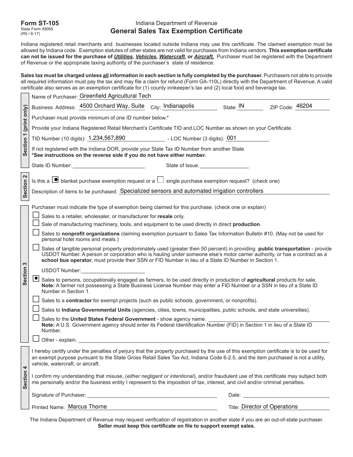 Completed Indiana Form ST-105 General Sales Tax Exemption Certificate