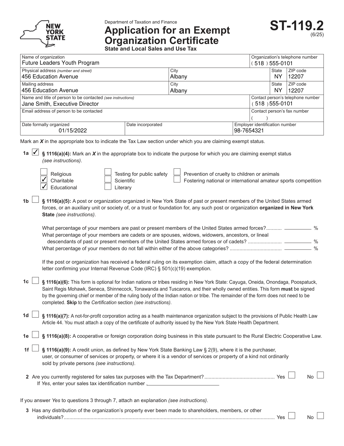Completed Form ST-119.2 Application for an Exempt Organization Certificate for a 501(c)(3) educational nonprofit.