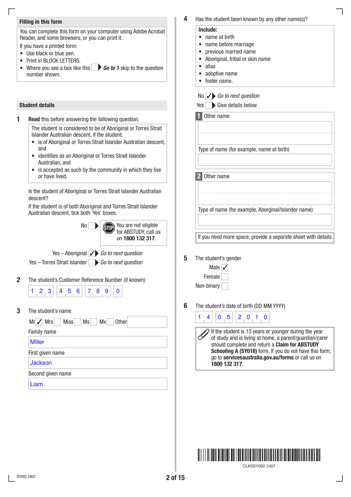 Completed ABSTUDY Form SY018 illustrating financial data extraction from parent email.