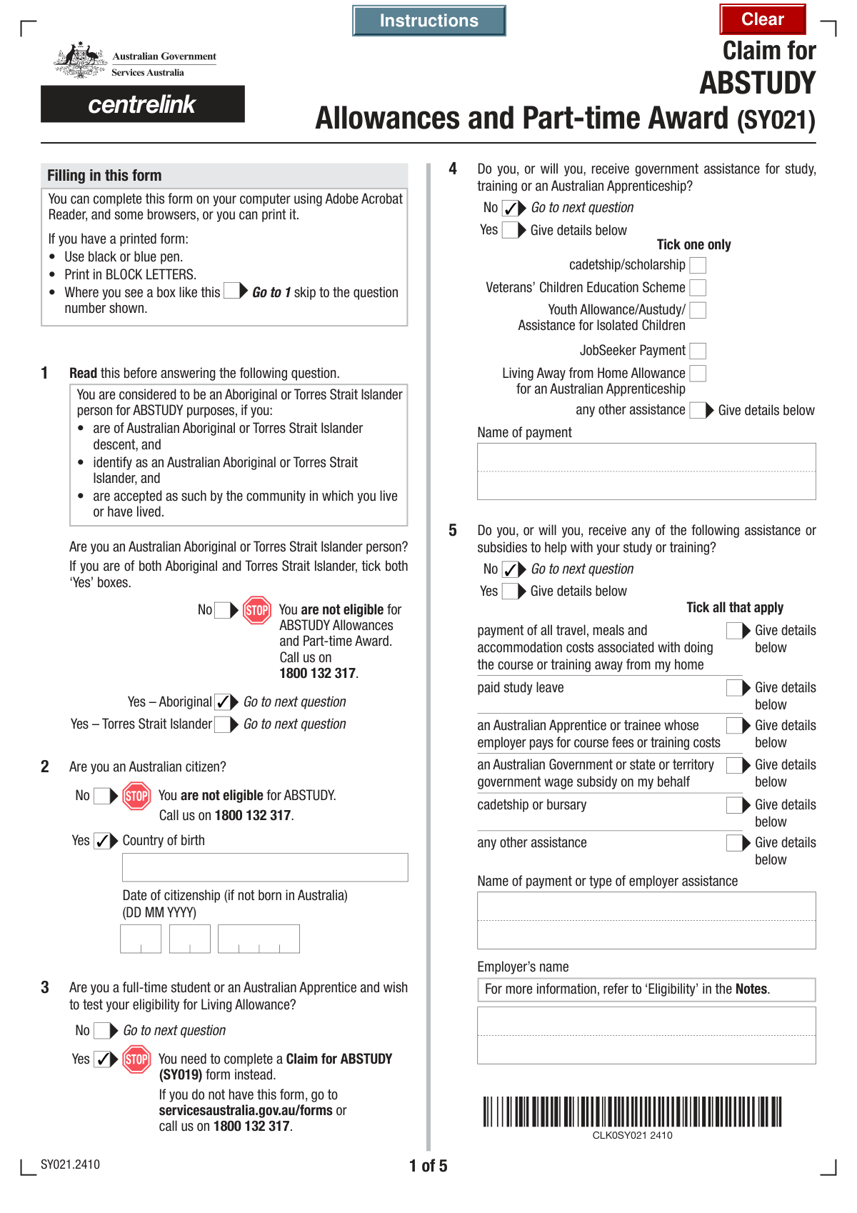 Completed Form SY019 Claim for ABSTUDY document example