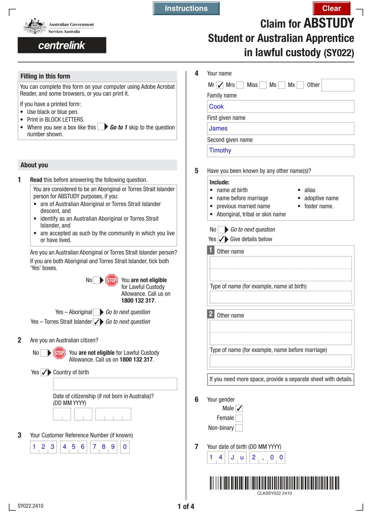 Completed ABSTUDY Form SY022 for a student in lawful custody