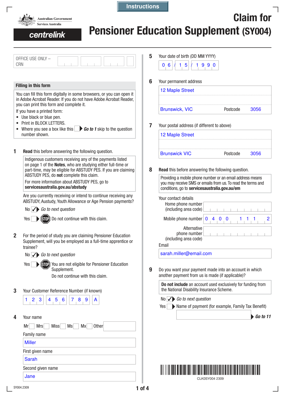 Completed Form SY029 showing student details and enrollment status