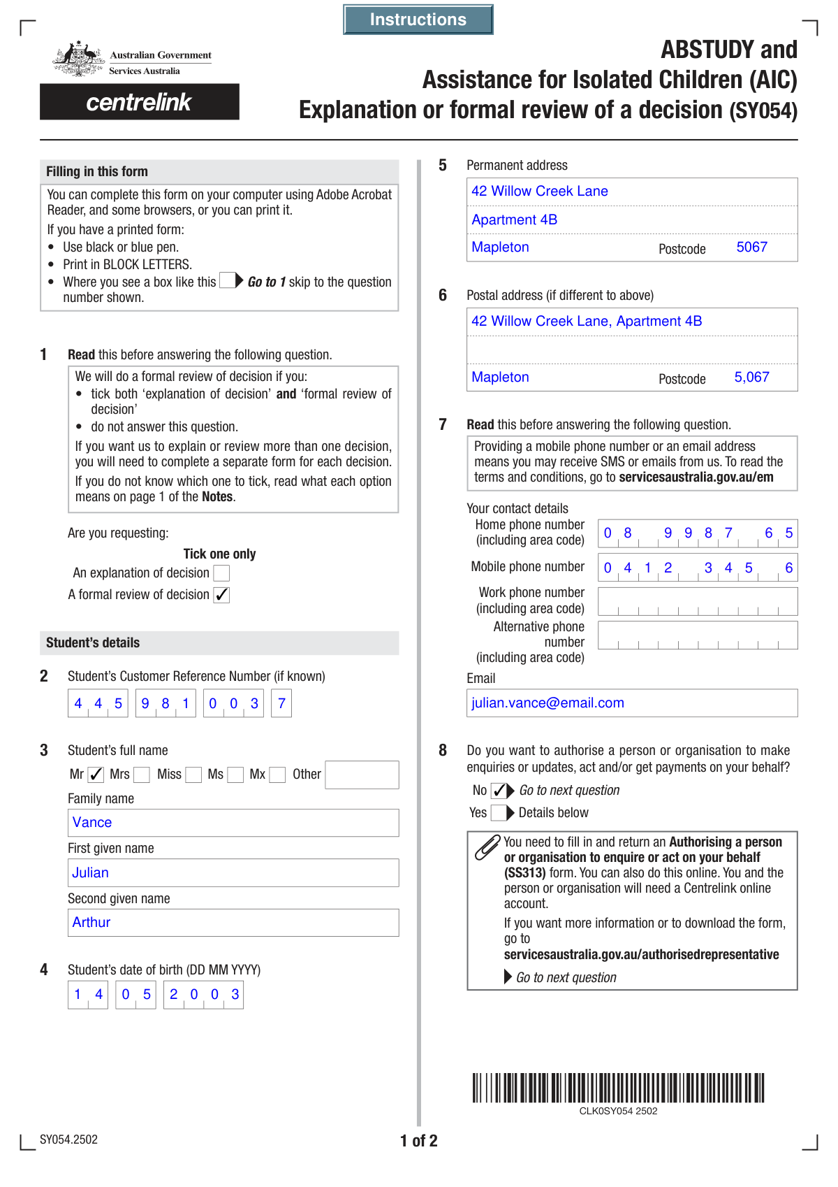 Completed Form SY033 - Review of Decision for student financial aid appeal