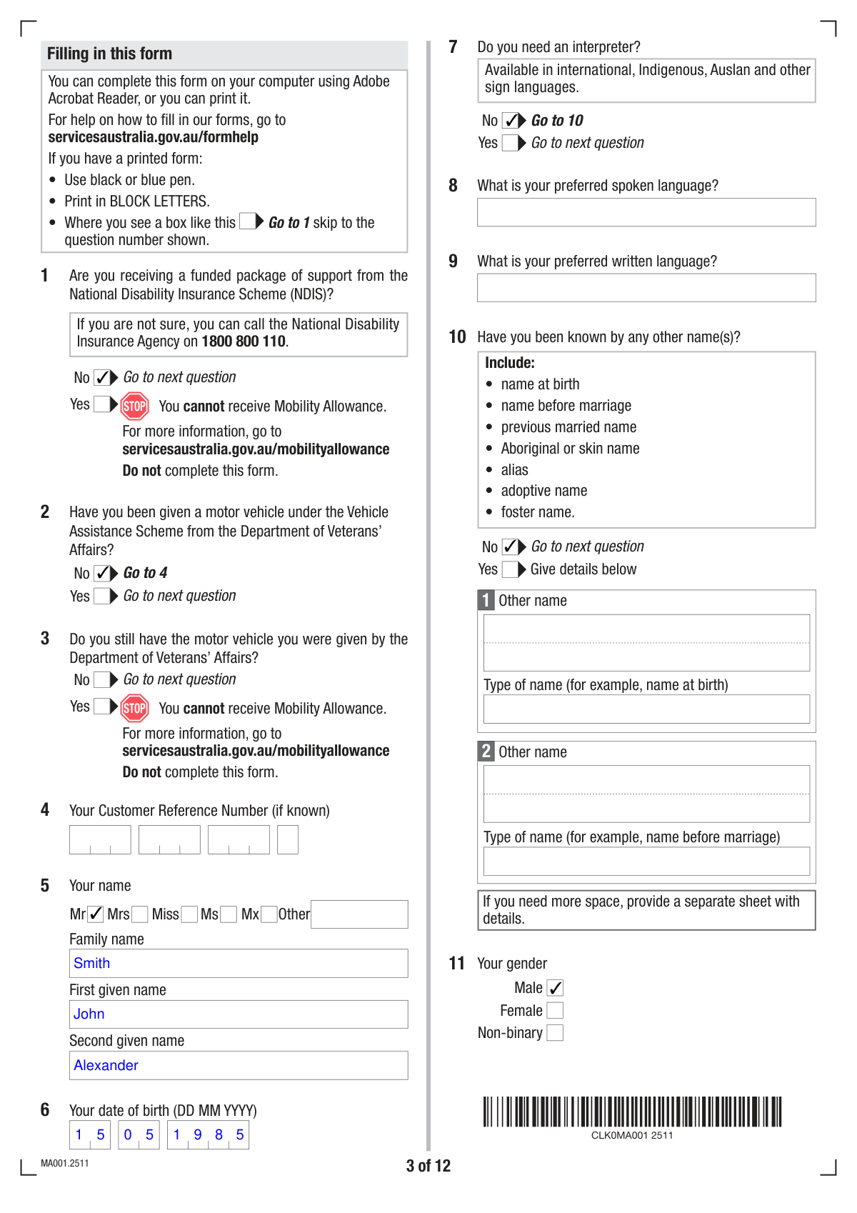 Completed Form SY042 for mobility allowance application