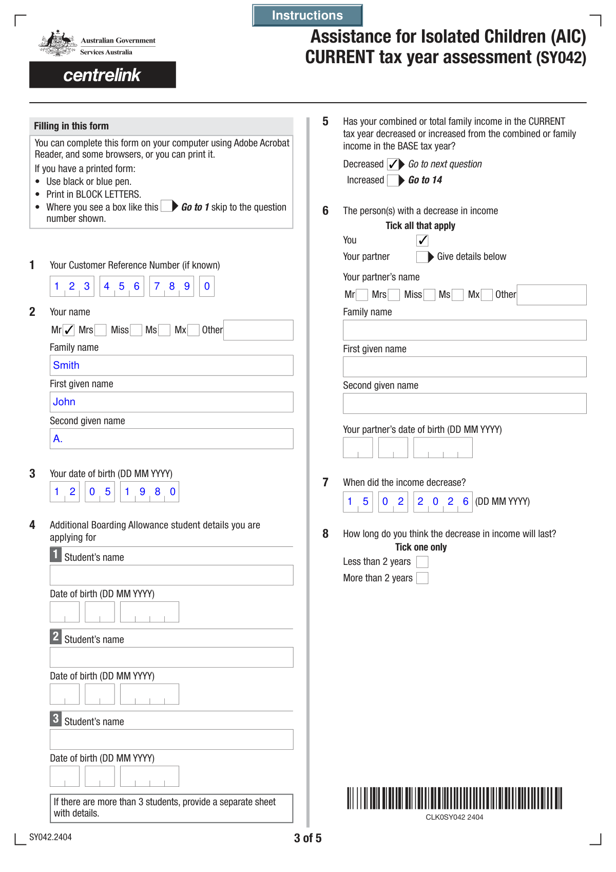 A completed Form SY042 document showing student payment income details filled out.