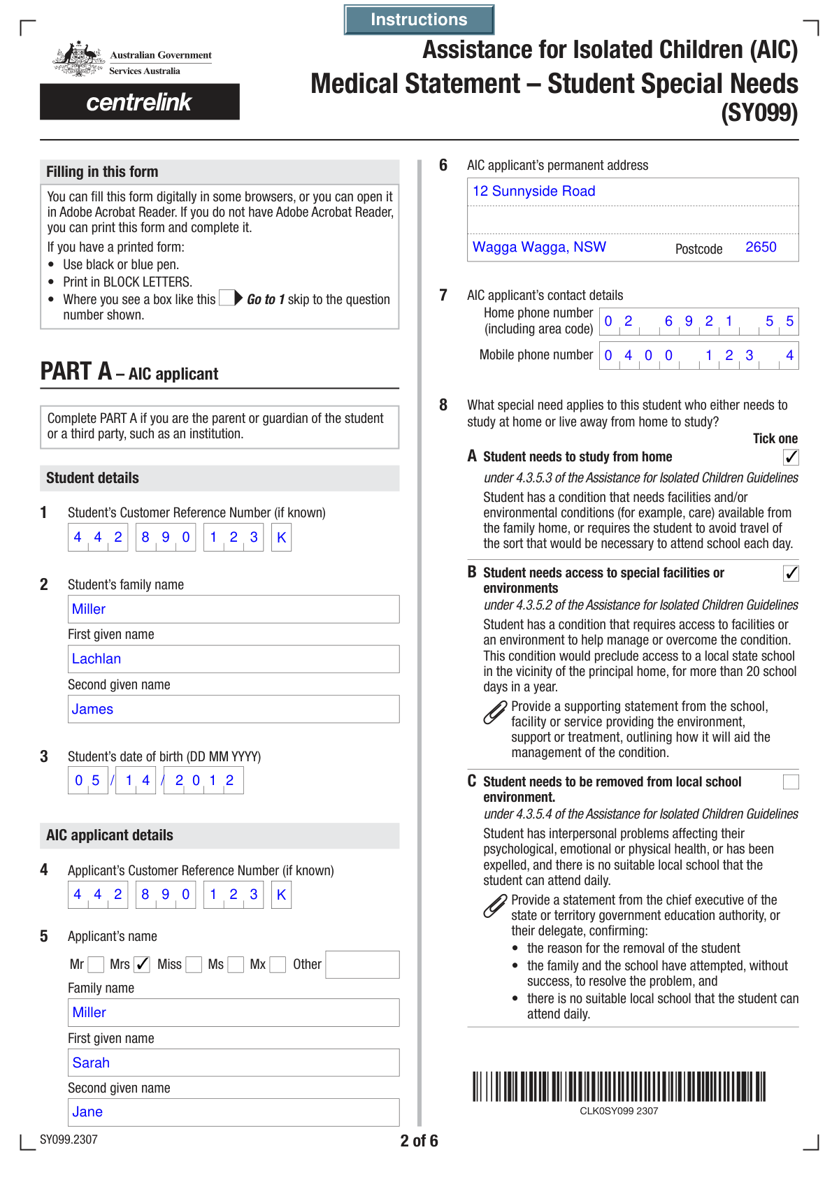 Completed Form SY061 Medical Statement for Assistance for Isolated Children Scheme
