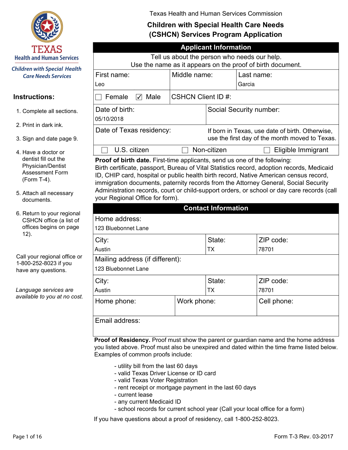 A sample of a completed Form T-3 application for the Texas Children with Special Health Care Needs (CSHCN) Services Program.