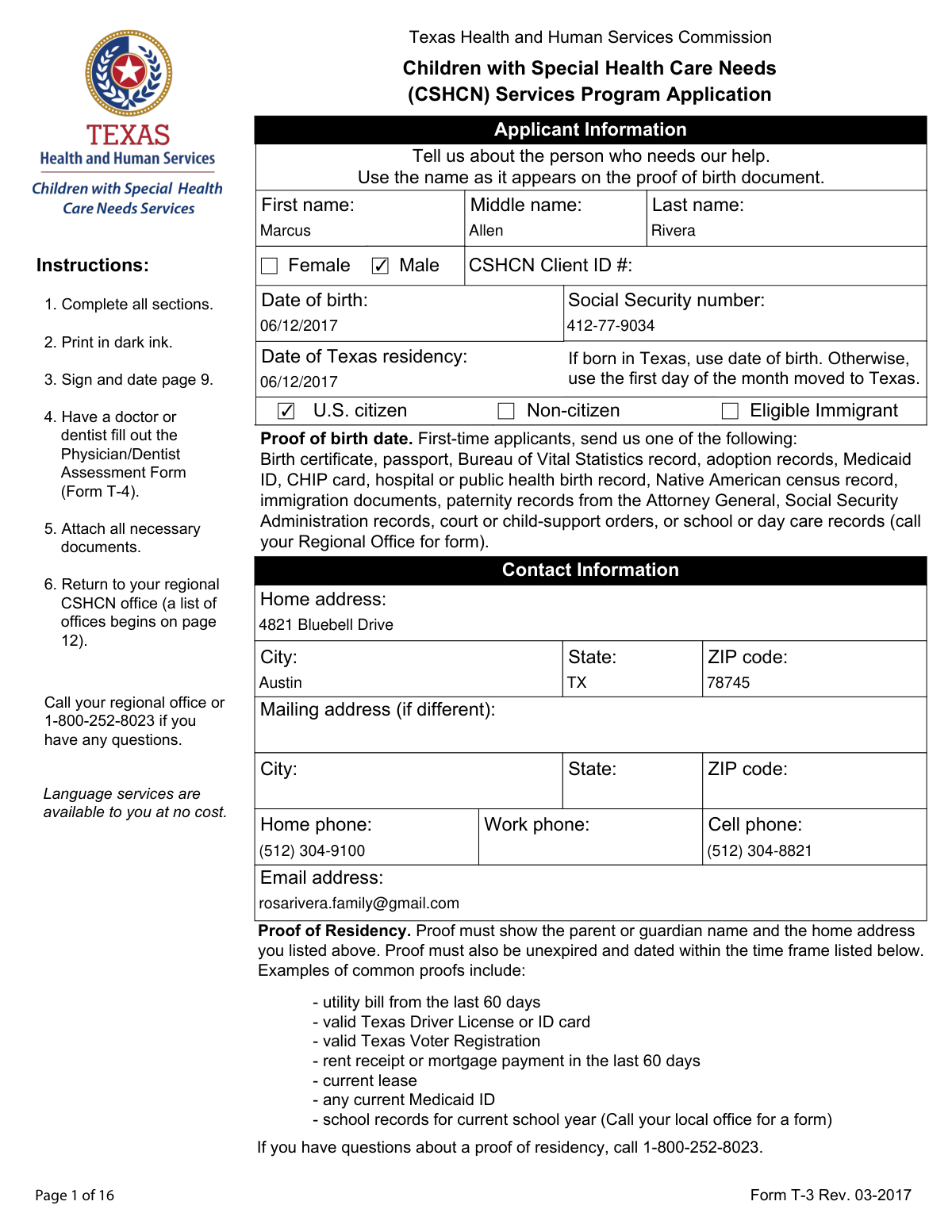 Completed Form T-3 CSHCN Services Program Application for a child with Type 1 Diabetes in Texas
