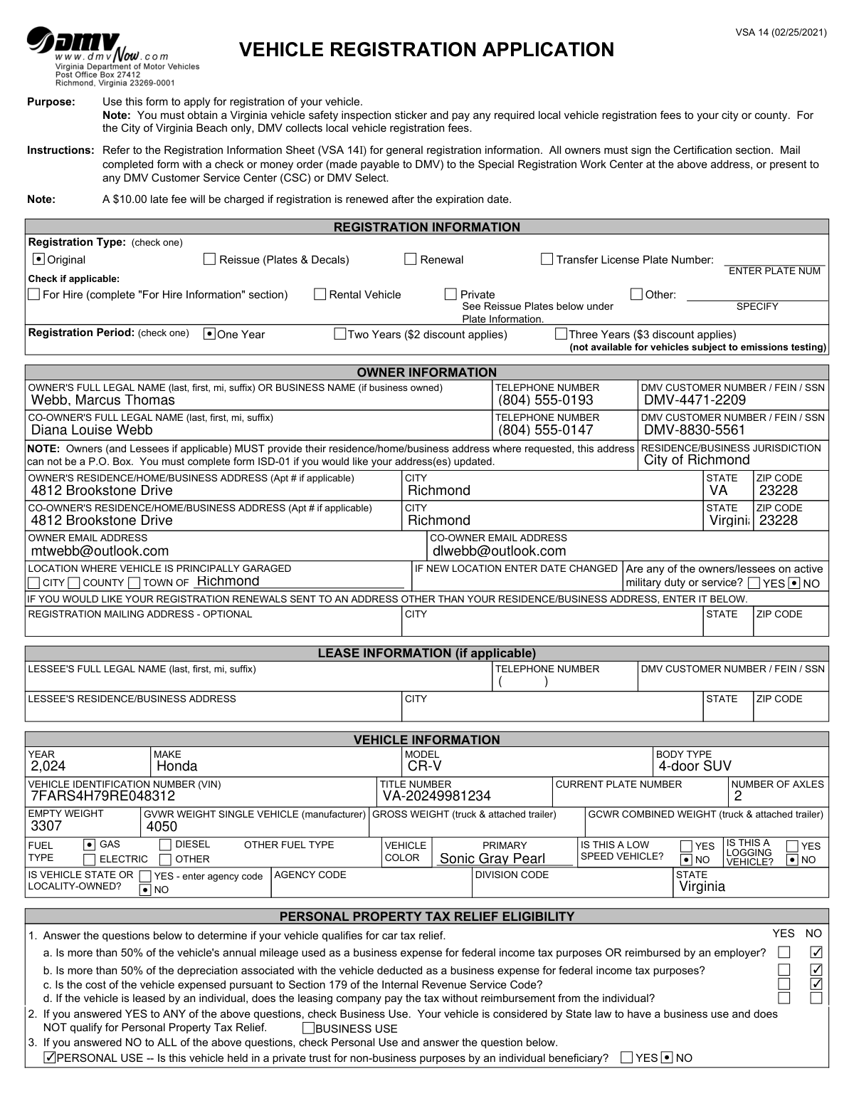 Completed Virginia Form VSA 14 Vehicle Registration Application for a newly purchased private passenger sedan