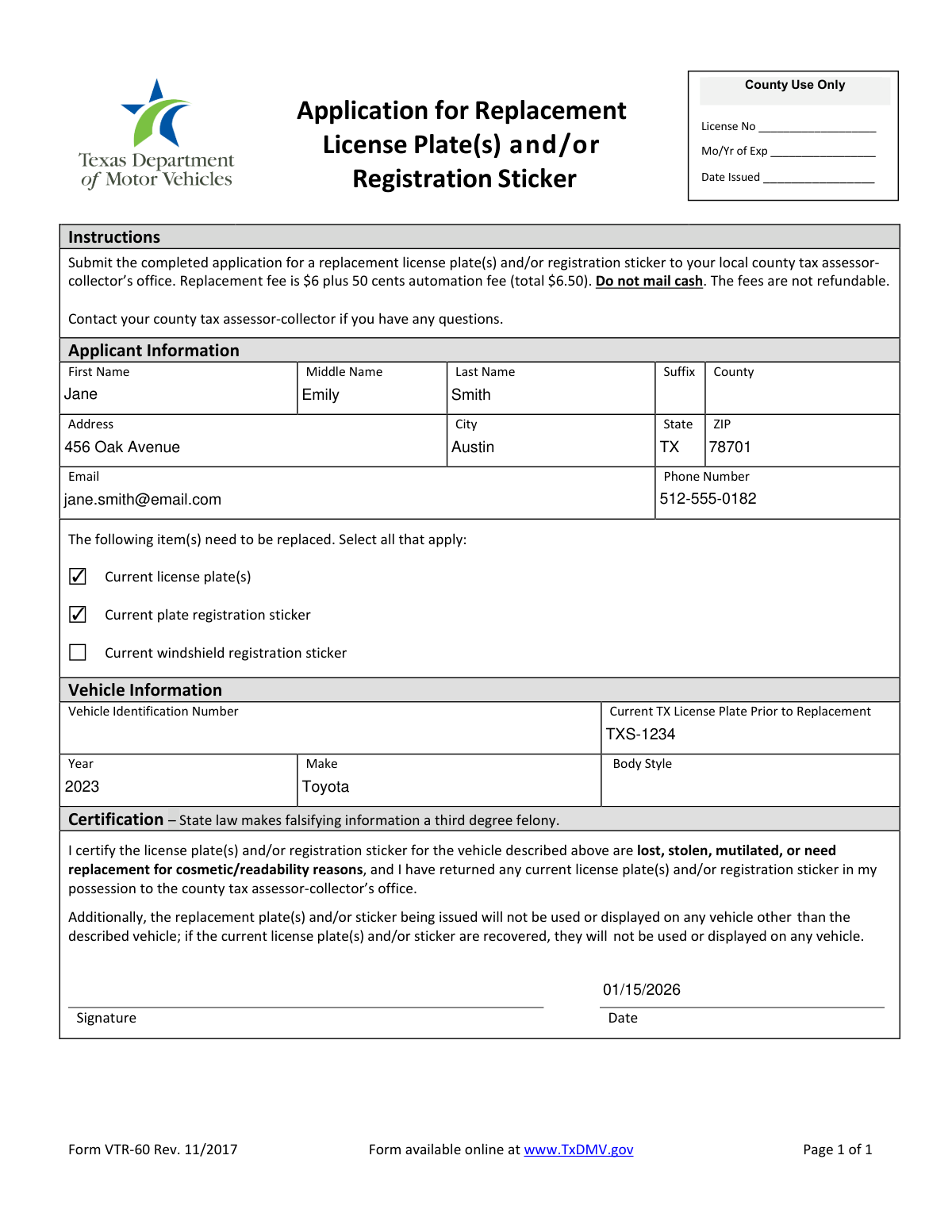 Completed Texas Form VTR-60 for replacing stolen license plates and a registration sticker.