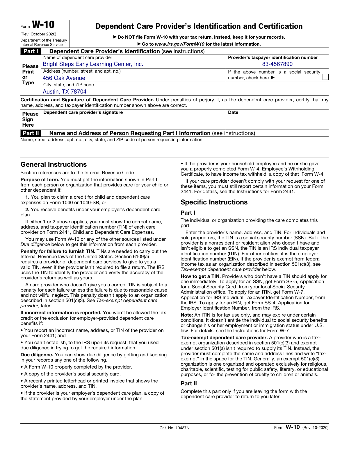 Completed Form W-10 (Rev. October 2020) Dependent Care Provider’s Identification and Certification example for a daycare center