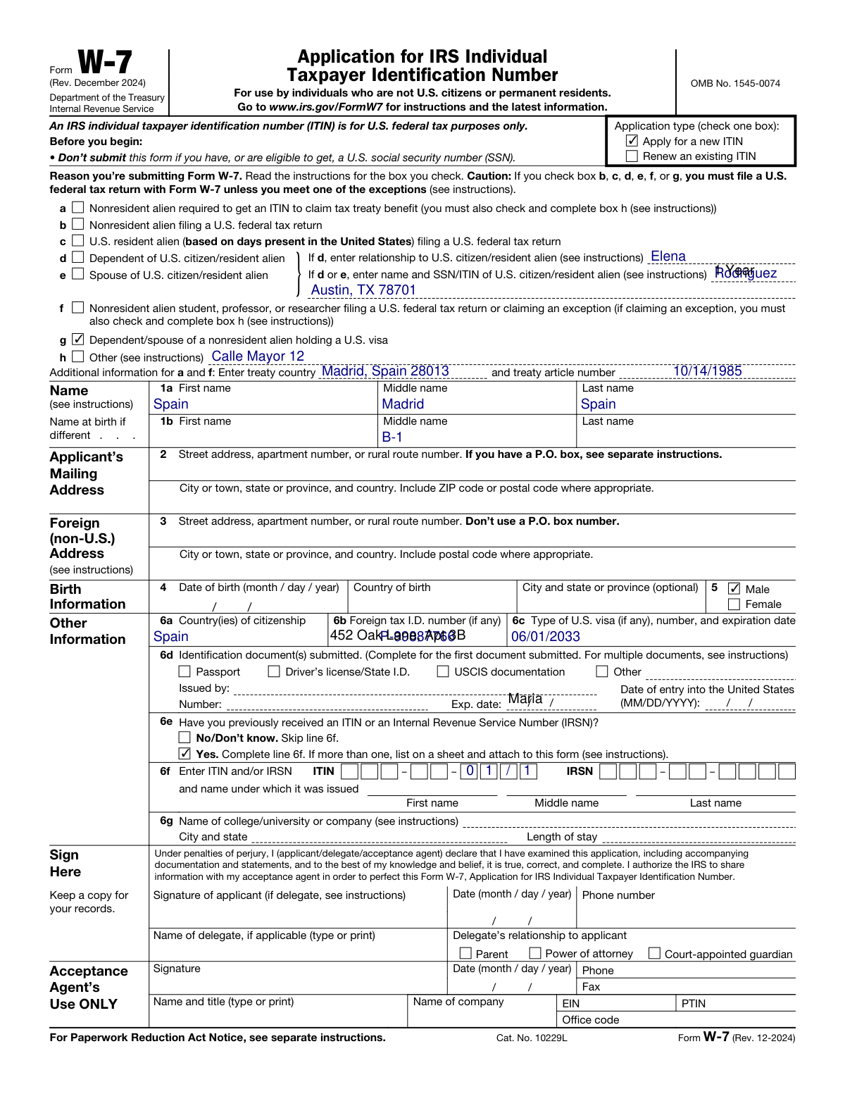 Completed Form W-7 Application for IRS ITIN showing populated fields based on natural language processing.