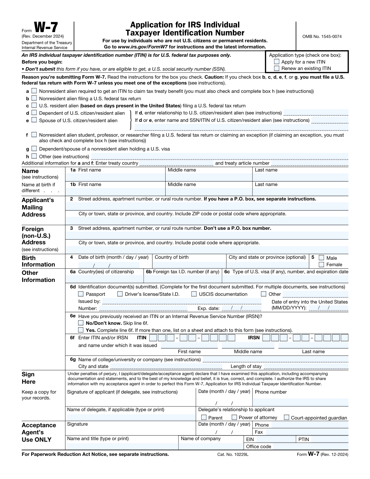 Preview of Form W-7, Application for IRS Individual Taxpayer Identification Number