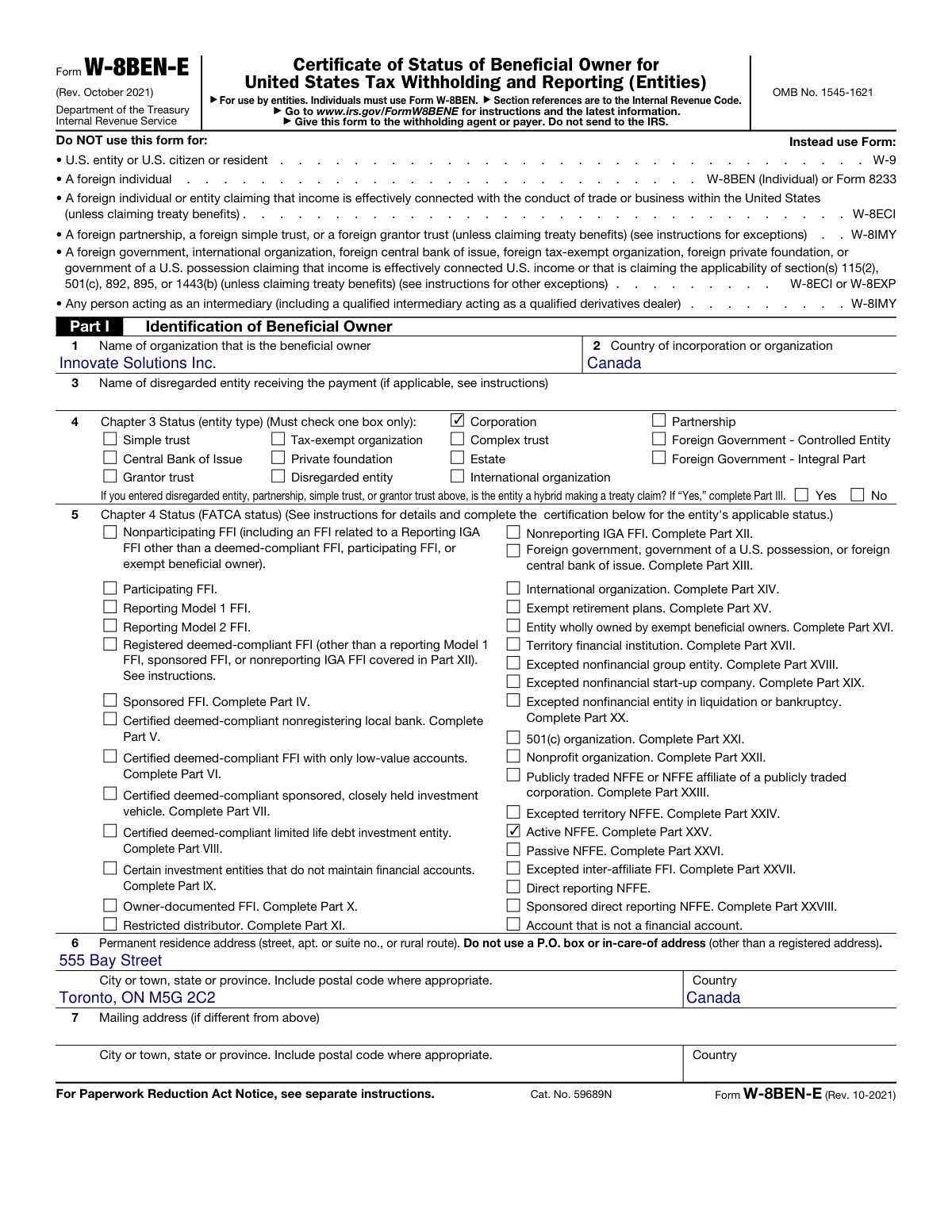 Completed sample Form W-8BEN-E (Rev. October 2021) for a foreign corporation claiming tax treaty benefits.