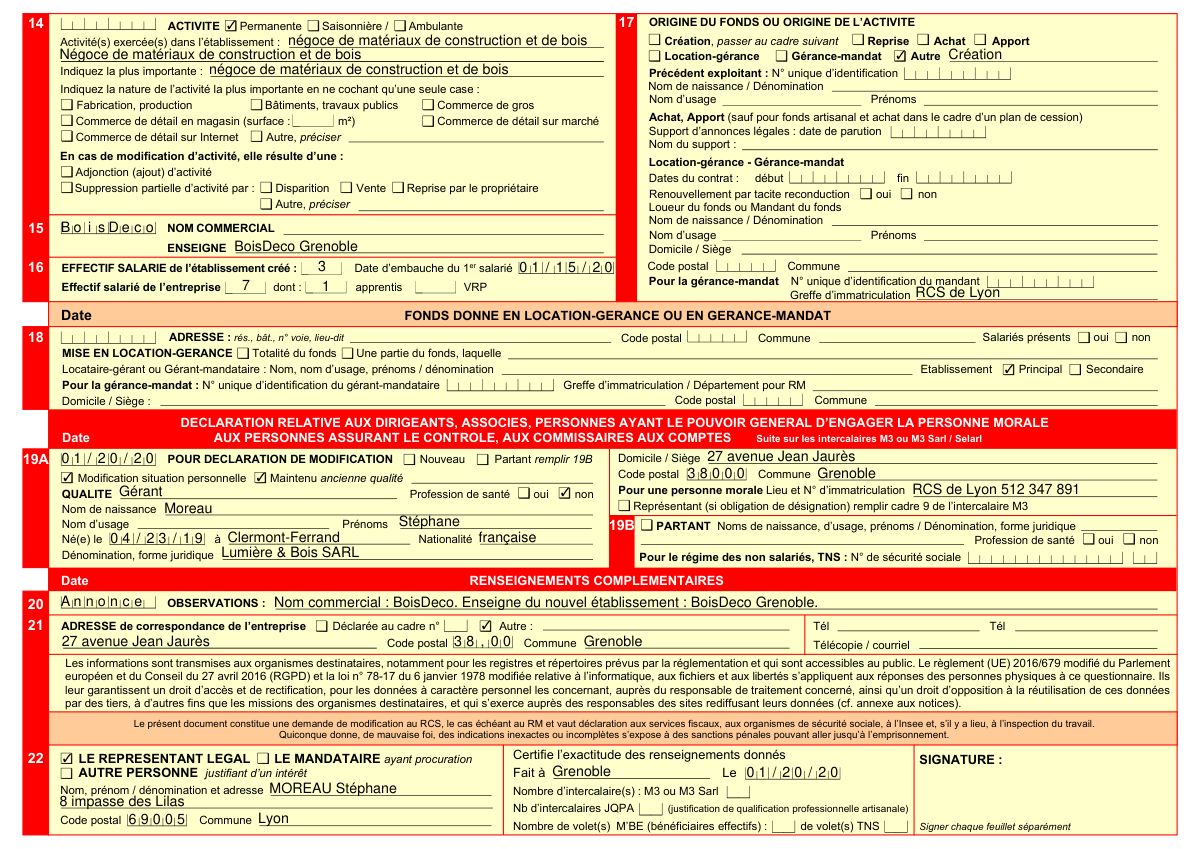 Formulaire M2 Cerfa 11682*07 rempli pour le transfert de siège social d'une SARL avec ouverture d'un nouvel établissement principal