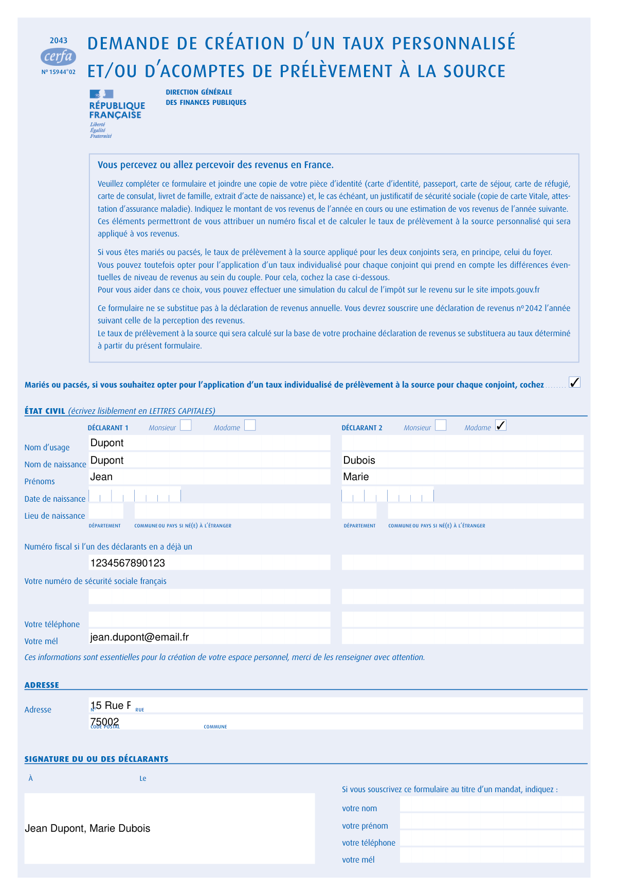 Exemple rempli du formulaire n° 2043 pour une demande de taux individualisé et d'acomptes par un couple marié.