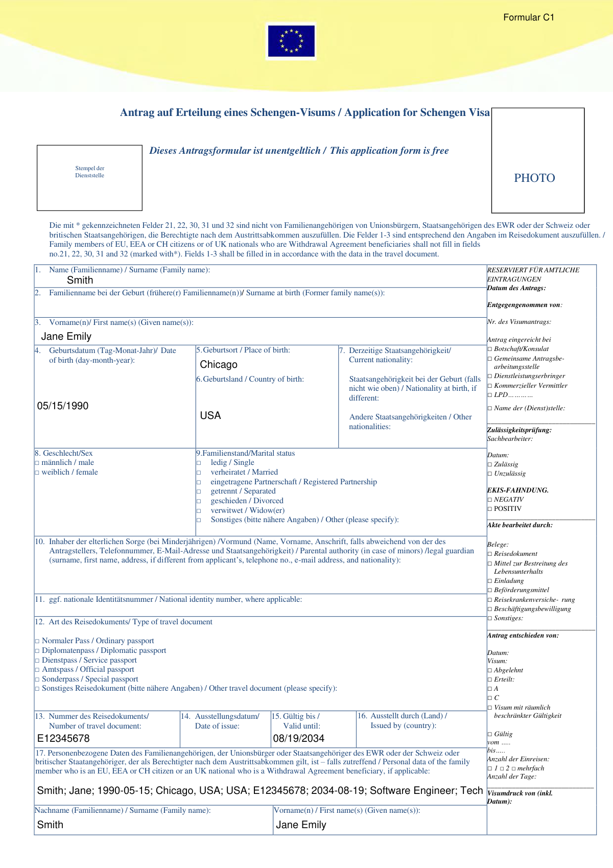 Completed example of Formular C1, the German application for a Schengen Visa, filled out for a tourist trip.