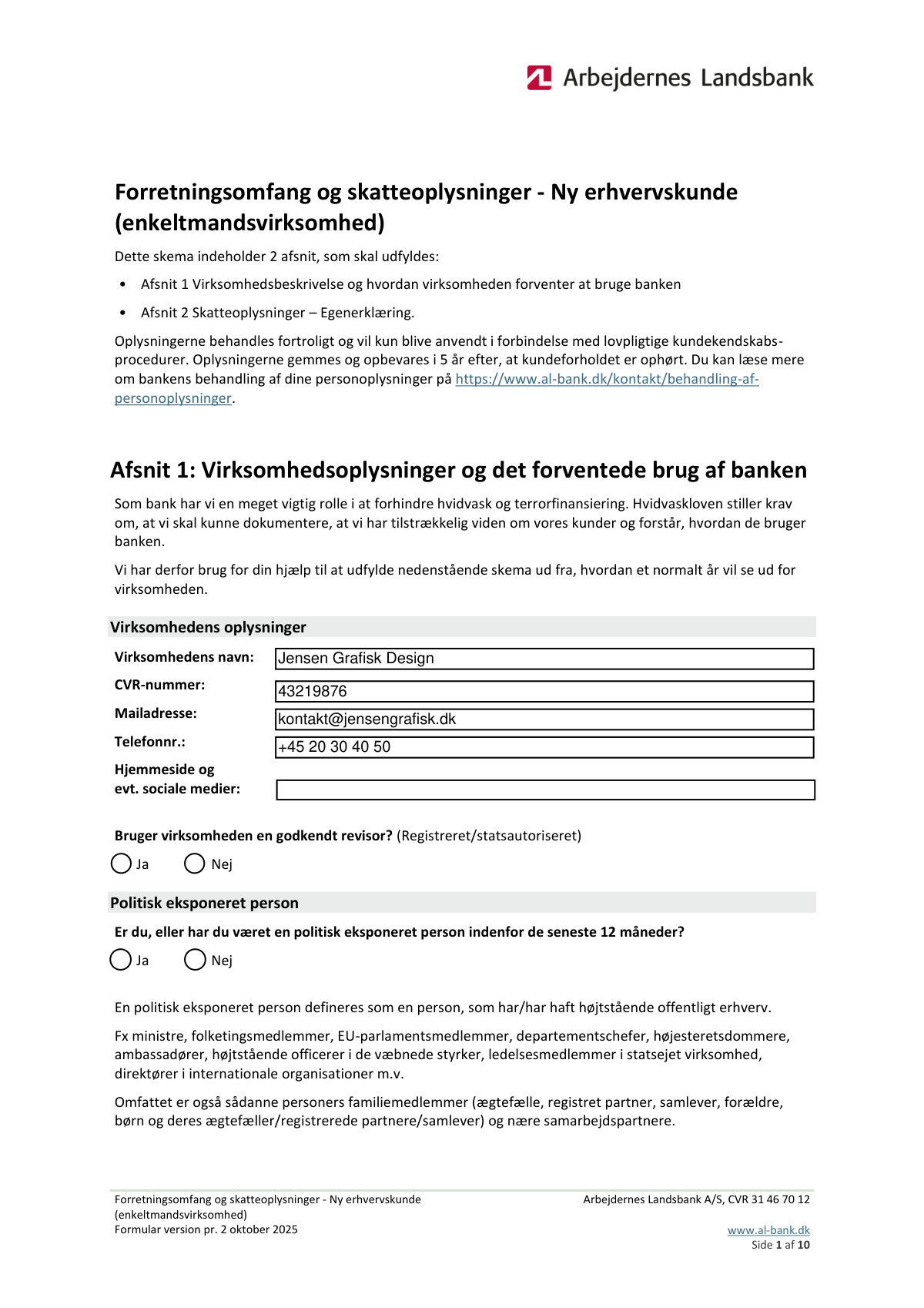 Udfyldt eksempel på Forretningsomfang og skatteoplysninger for en enkeltmandsvirksomhed (grafisk designer) hos Arbejdernes Landsbank, version 2. oktober 2025.