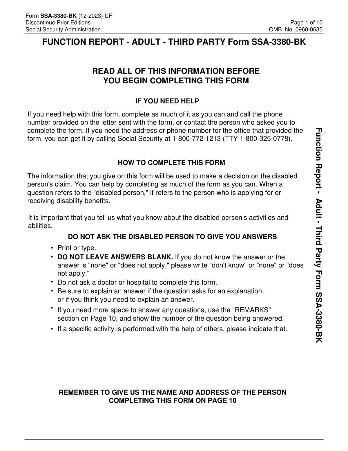 A sample of a completed Form SSA-3380-BK filled out by a third party for an adult with depression and fibromyalgia.