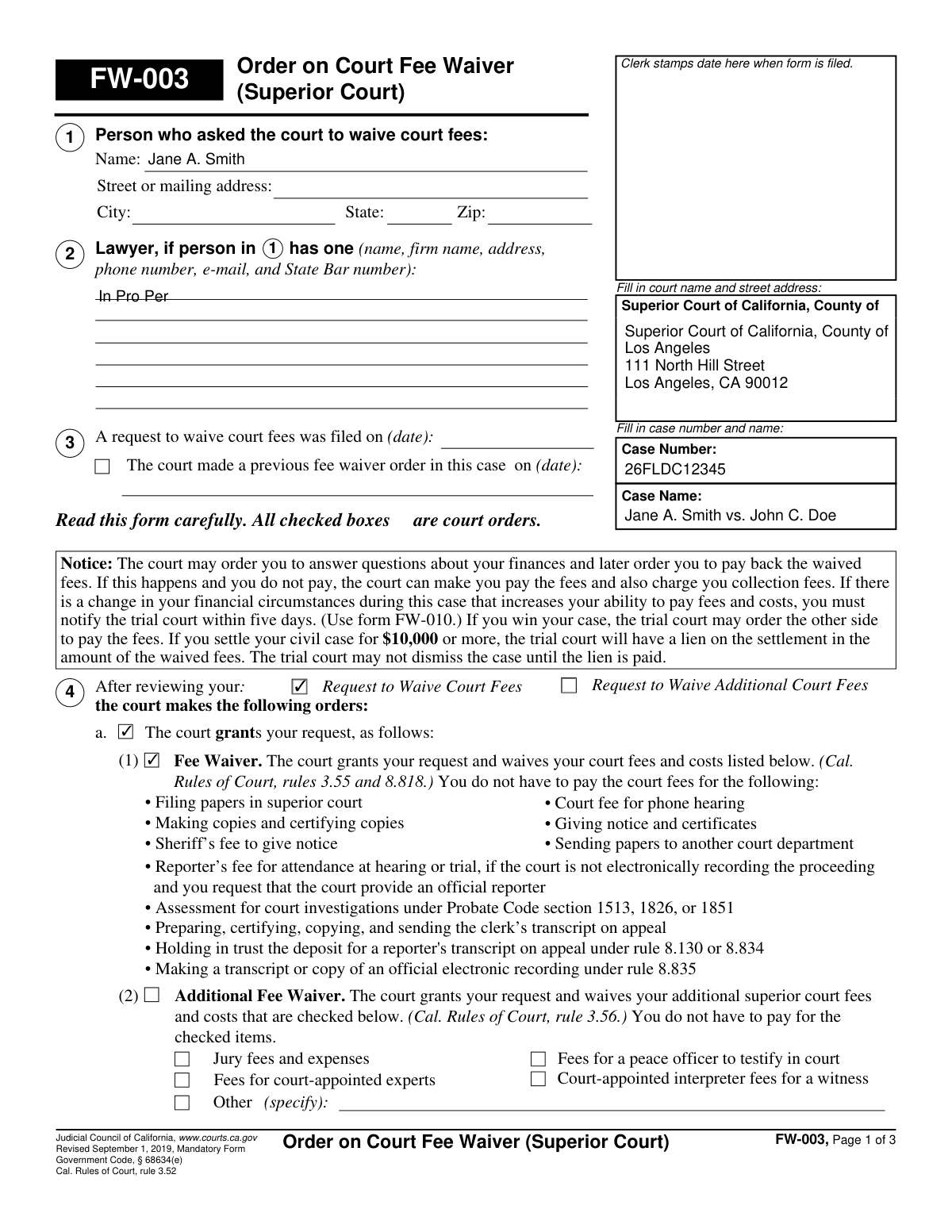 Completed FW-003 Order on Court Fee Waiver form where the request was granted because the applicant receives public benefits.