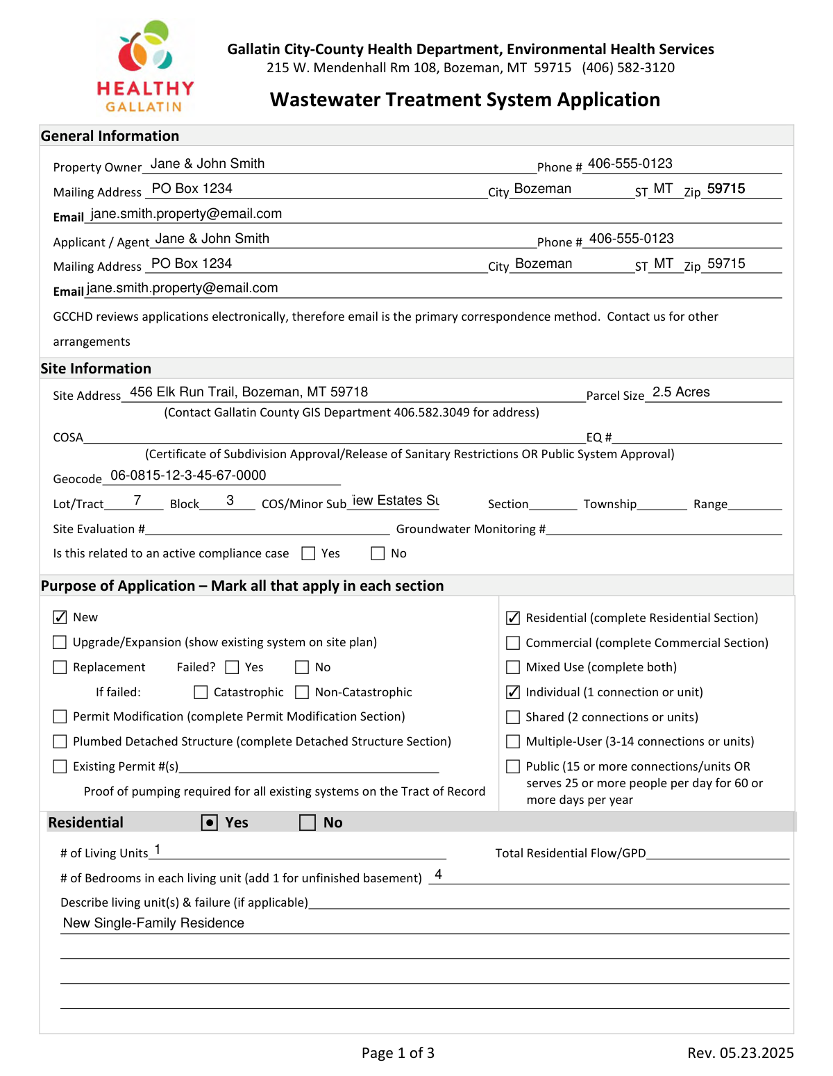 Completed Gallatin City-County Health Department Wastewater Treatment System Application for a new single-family residence.
