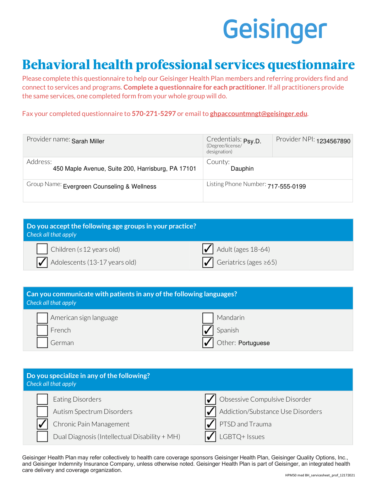 Completed Geisinger Health Plan Behavioral Health Professional Services Questionnaire for a Licensed Psychologist