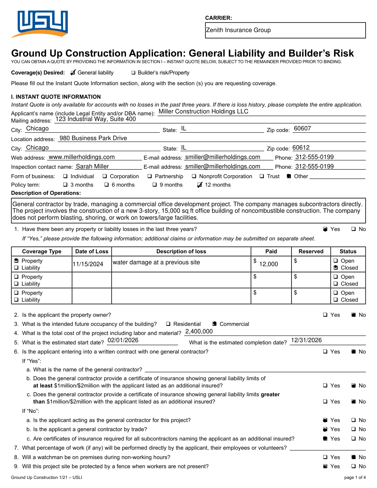 Filled General Liability and Builder's Risk Insurance Application form