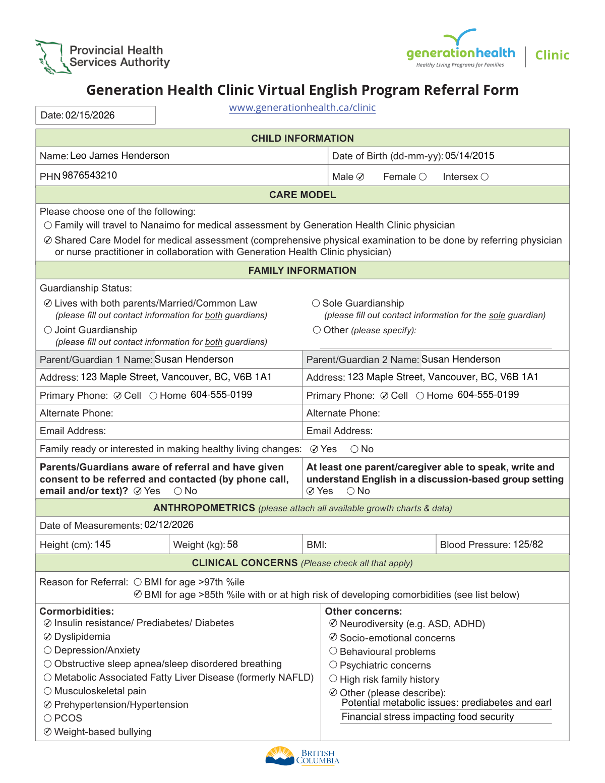 Filled Generation Health Clinic Virtual English Program Referral Form showing patient and clinical details.