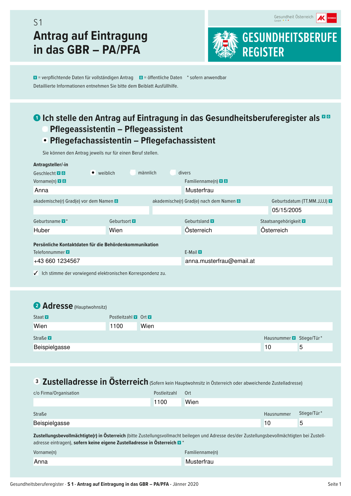 Completed S 1 form for registration in the Gesundheitsberuferegister as a Pflegefachassistenz (PFA)