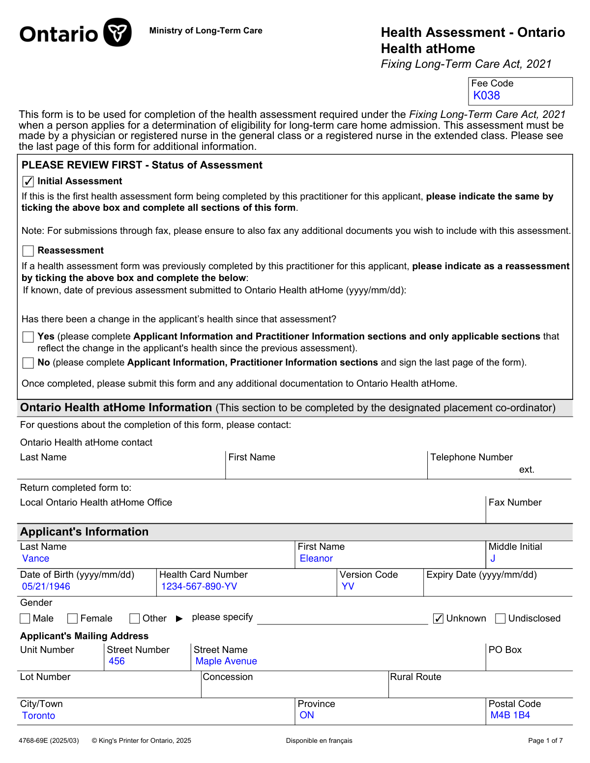 A completed sample of the Health Assessment - Ontario Health atHome Form 4768-69E for an elderly individual.