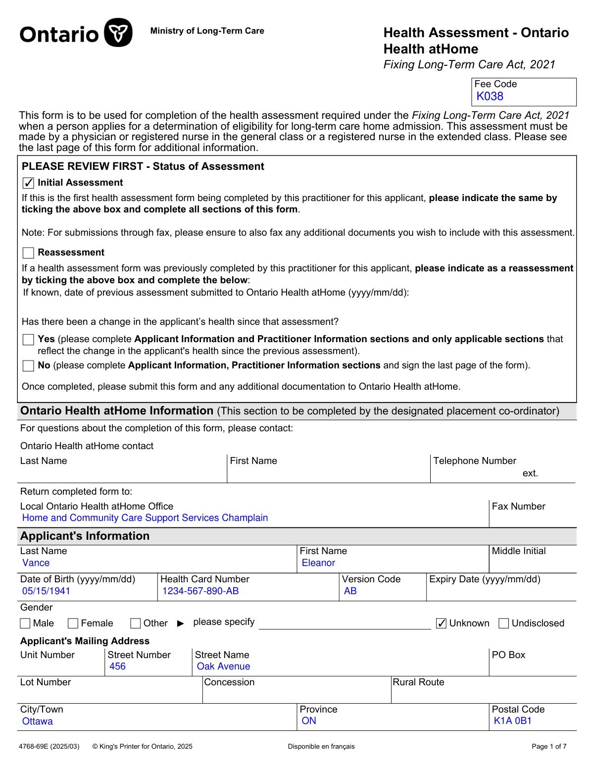 Completed sample of Health Assessment Form 4768-69E for Ontario Health atHome long-term care services.