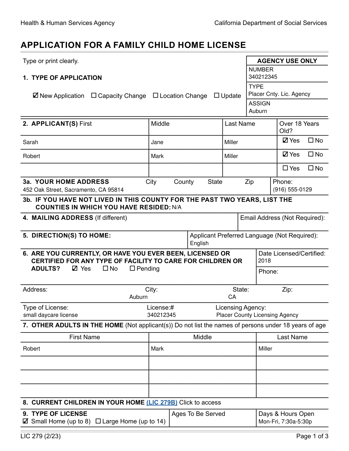 Completed LIC 279 California Department of Social Services form