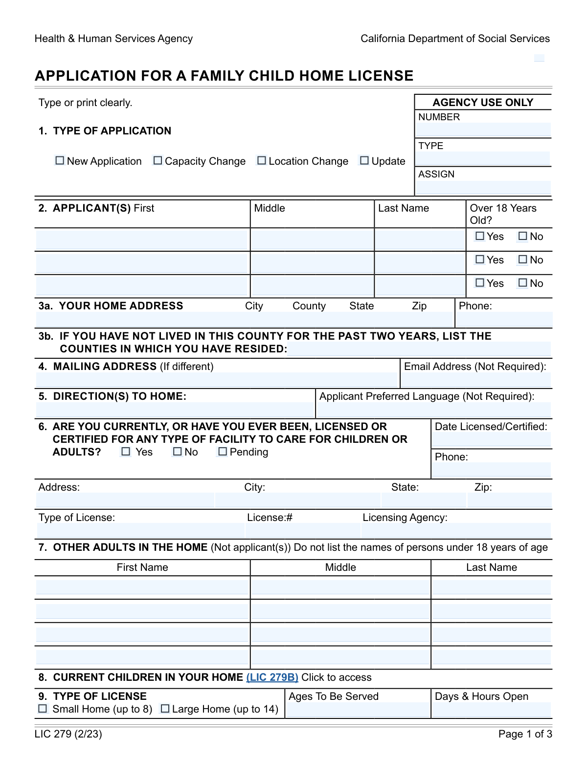 Preview of Health & Human Services Agency California Department of Social Services APPLICATION FOR A FAMILY CHILD HOME LICENSE LIC 279